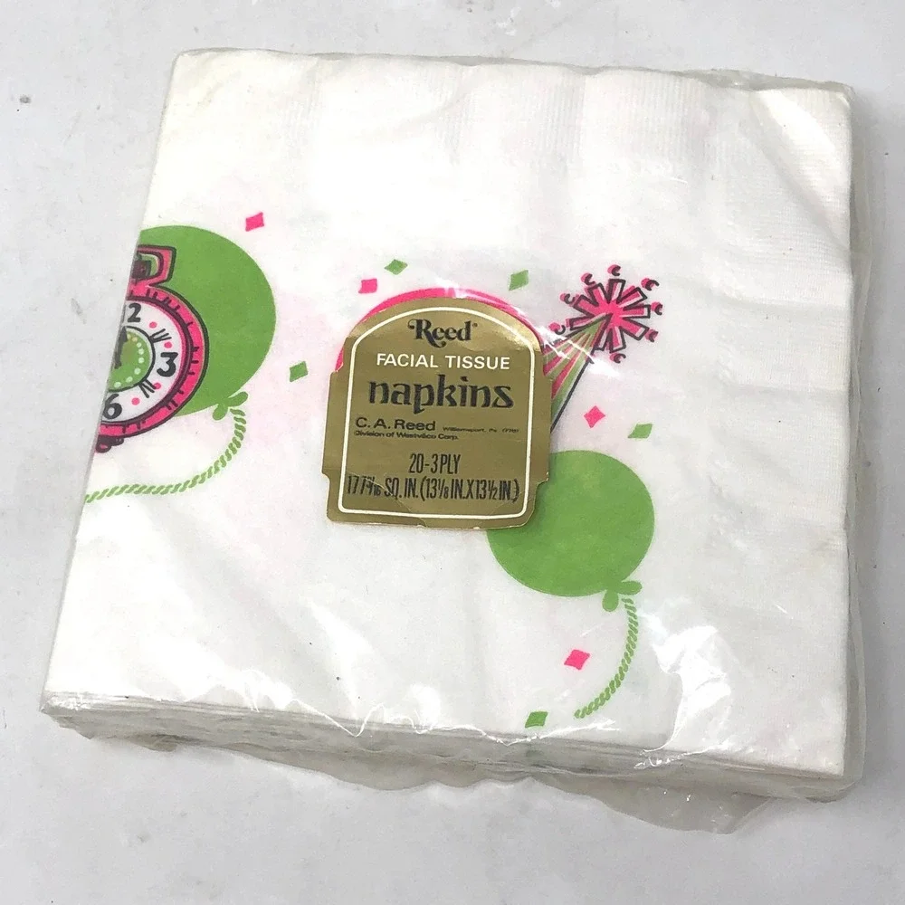 Vintage Happy New Year Paper Napkins Baby Pink Green Reed 20 Count New NIP